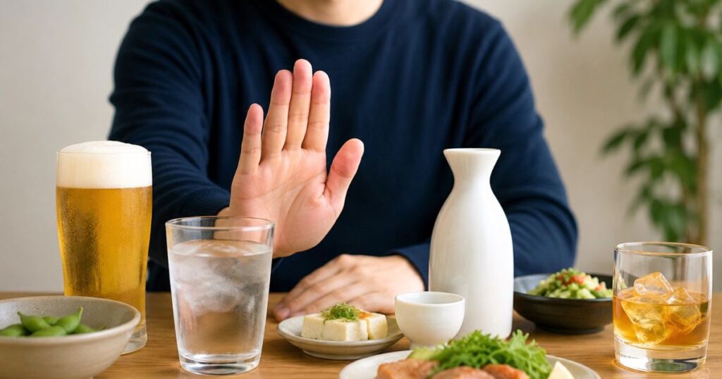 ビールや日本酒を前に手で断る仕草をして飲み過ぎを防ぐイメージ