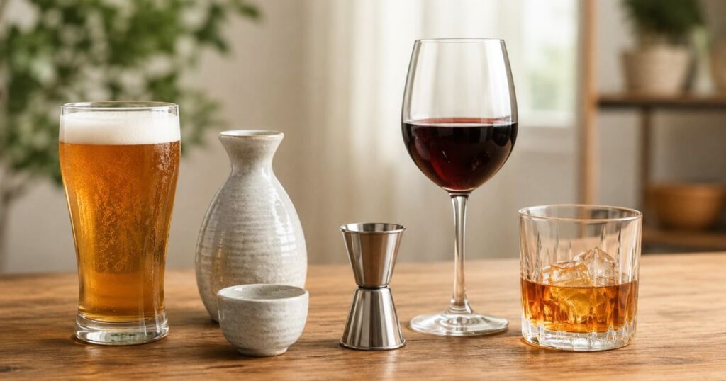 ビール、日本酒、ワイン、ウイスキーを並べて基準飲酒量を比較するイメージ