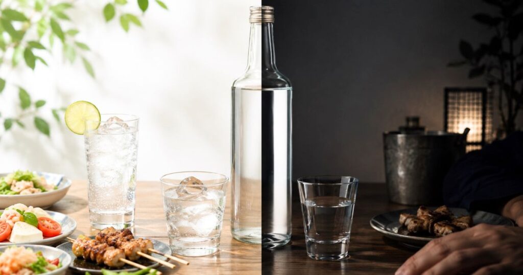 甲類焼酎のメリットとデメリットを明暗で表現したイメージ