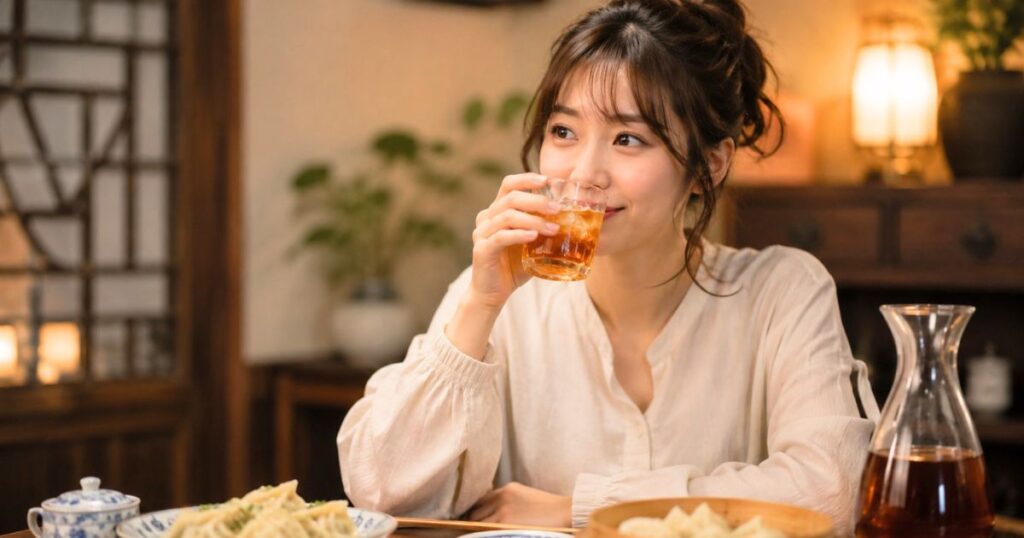 初心者向けに紹興酒をロックで楽しむ日本人女性の食卓