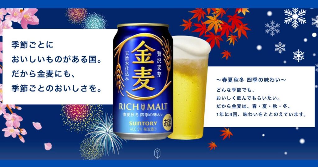 金麦350ml缶とグラスに注がれたビール。
〜春夏秋冬 四季の味わい〜のコメント入り。
公式ページからの引用写真。