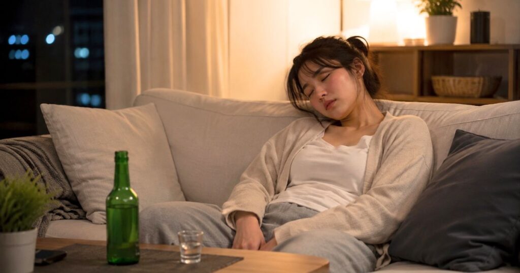 自宅リビングでチャミスルを飲み、酔ってソファでうとうとするアルコール初心者の様子
