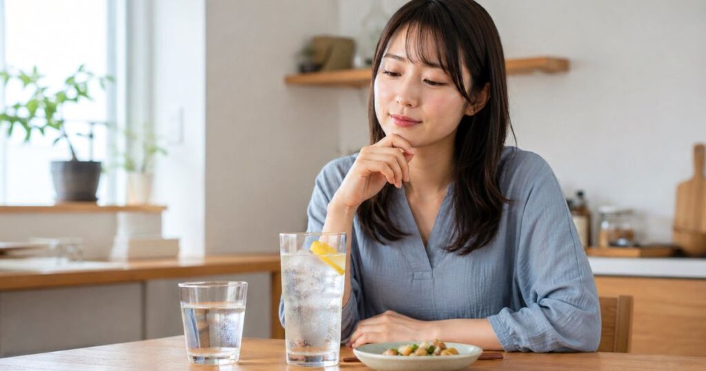 翠ジンソーダと水、食事を前にして飲む量やペースを考える女性
