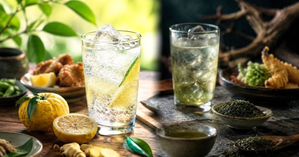 柚子・生姜・緑茶を添えた翠ジンソーダと料理を並べ、爽やかさと独特な香りで好みが分かれる味わいを表したイメージ