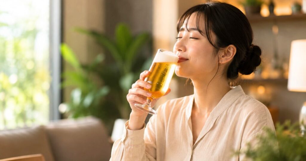 ハートランドビール初心者の若い女性がグラスで美味しそうに飲むシーン