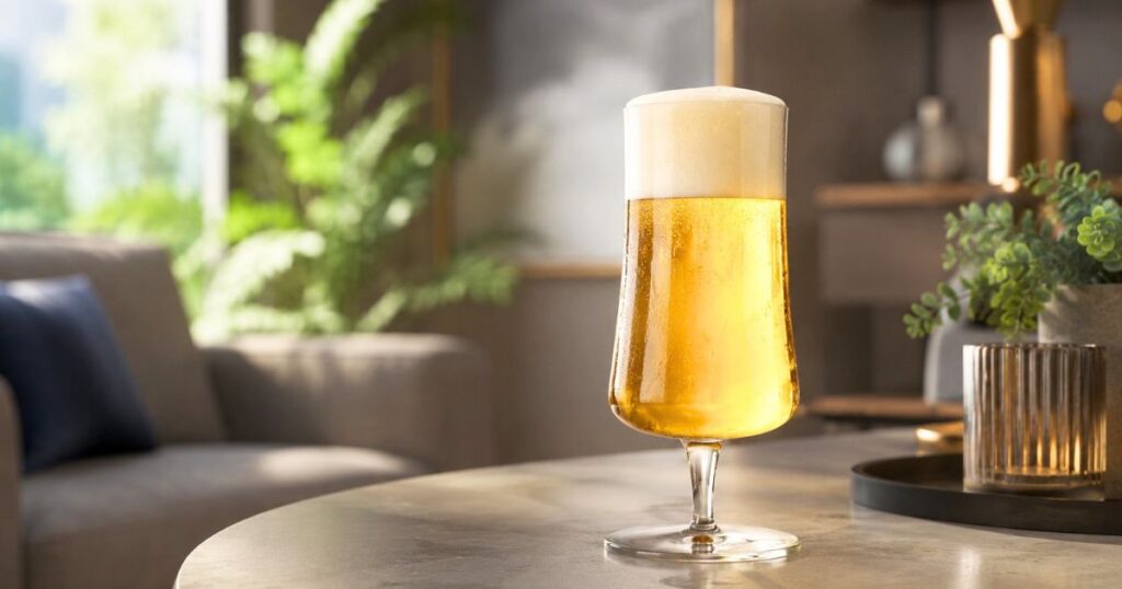 ハートランドビールをグラスに注いだおしゃれな部屋のテーブルシーン