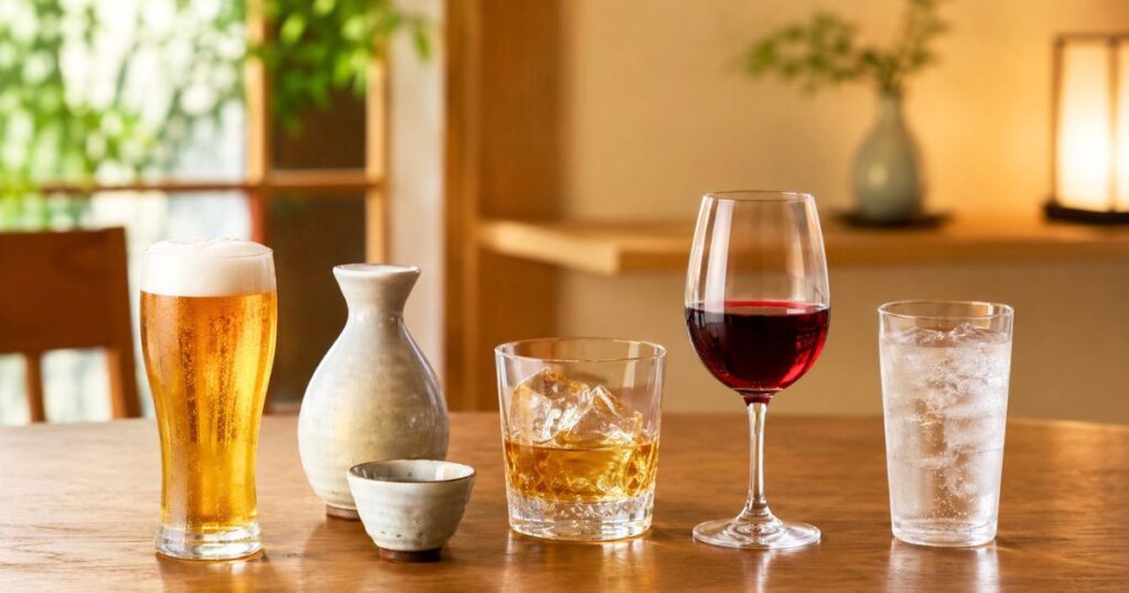 テーブルに並んだビール、日本酒、ウイスキー、ワイン、焼酎ソーダ割りのグラス