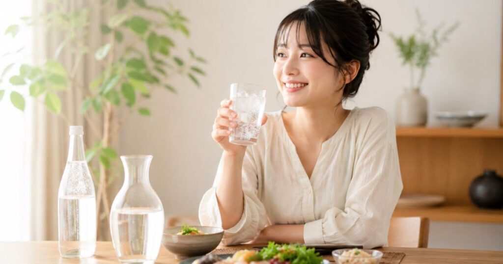 食事と一緒に炭酸割りの焼酎を楽しむ女性と、テーブルに置かれた炭酸水や水差し