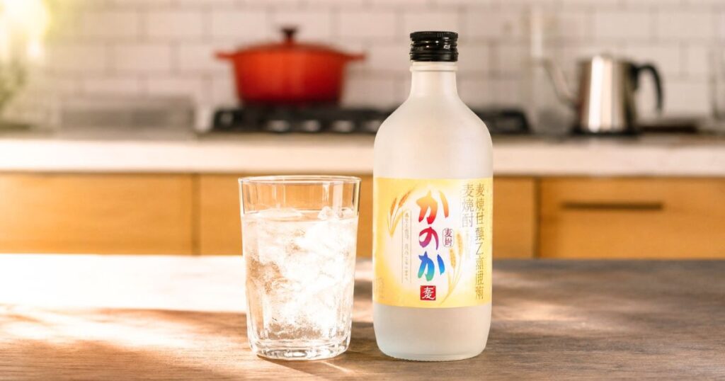 キッチンのテーブルに置かれた、氷入りの焼酎ソーダ割りグラスと混和焼酎のボトル