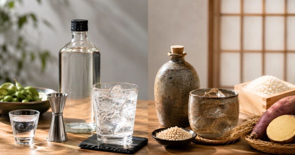 甲類焼酎のクリアなボトルとソーダ割り、乙類焼酎の陶器瓶と原料を並べた比較イメージ