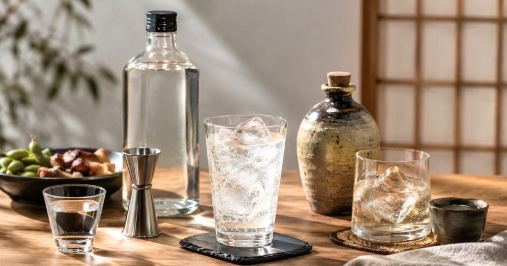 甲類焼酎のボトルとソーダ割り、ロックグラスが並ぶ和風の家飲みシーン