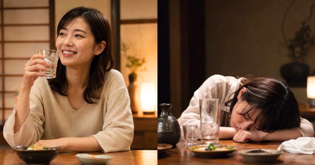焼酎グラスを手に楽しむ女性と、飲み過ぎてテーブルに伏す女性を並べた二日酔いの比較イメージ