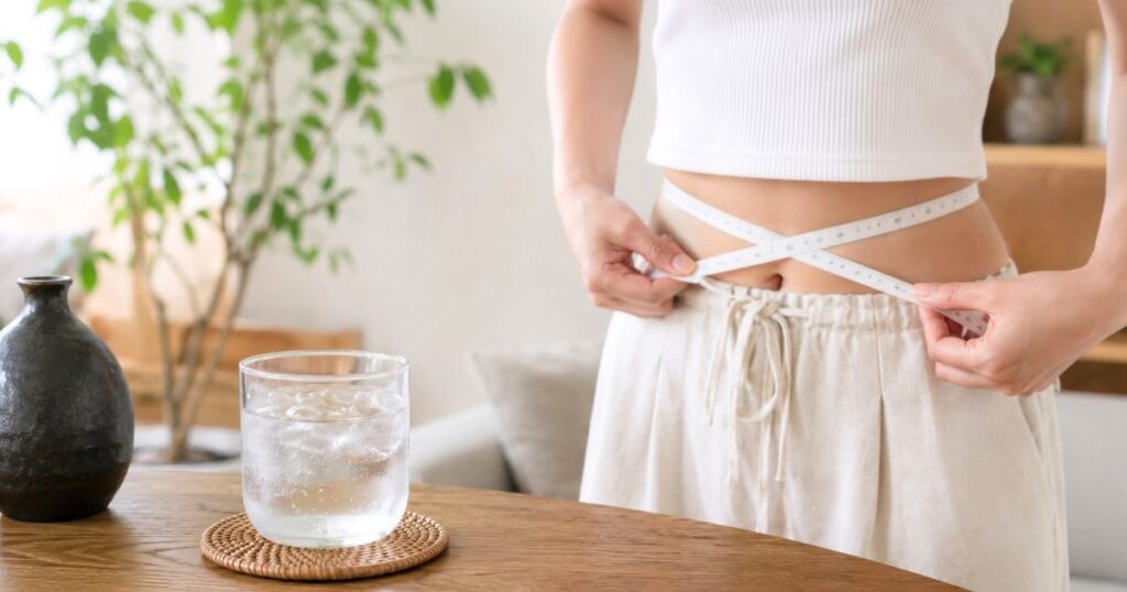 焼酎ソーダ割りのグラスを前に、ウエストにメジャーを当てる女性のダイエット中のイメージ