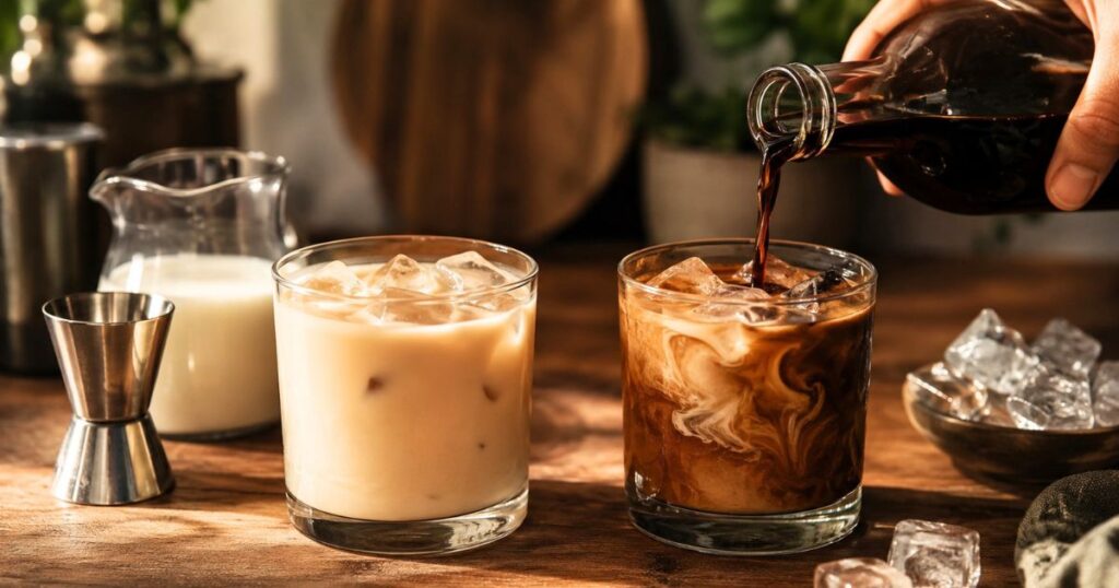 カルーアミルクの薄めと濃いめの違いを比較し、比率によって飲みやすさや酔いやすさが変わることを表すイメージ