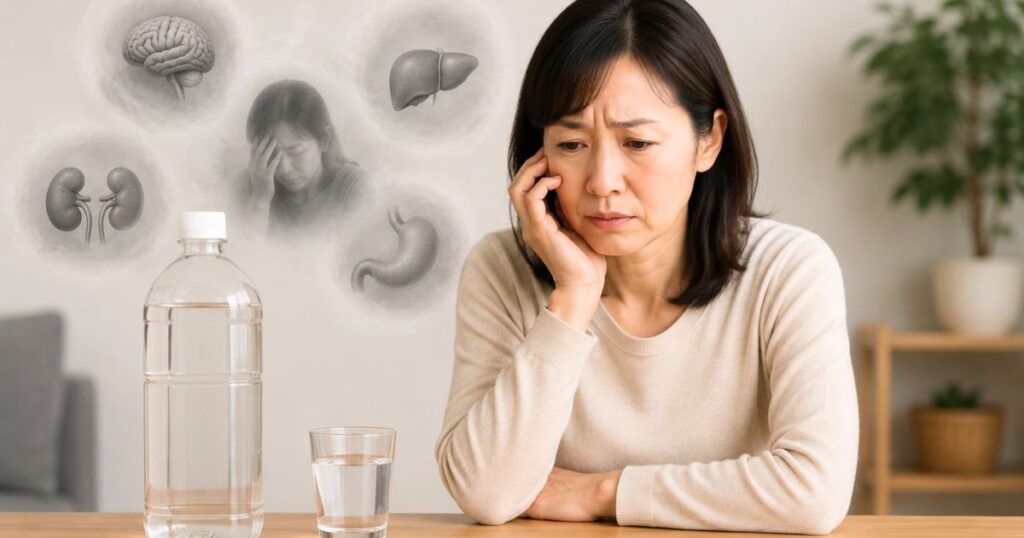 ホワイトリカーの健康への影響を心配する日本人女性と酒瓶
