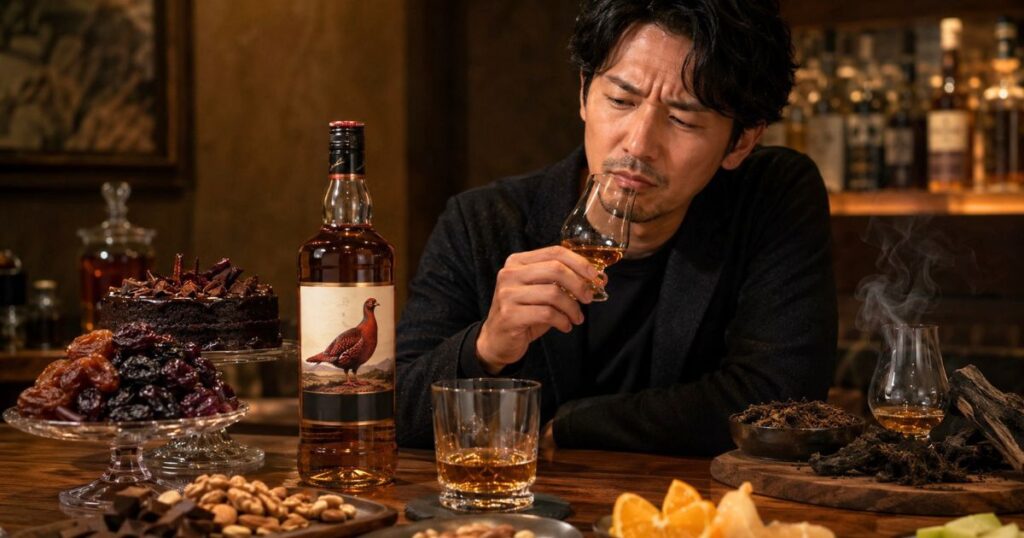 フェイマスグラウスをテイスティングし、味の好みや香りの違いを考える男性とウイスキー、ナッツやドライフルーツ