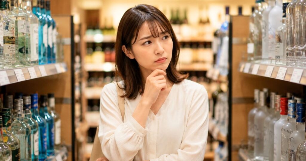 お酒売場でジンとウォッカのどちらを選ぶか迷う日本人女性のイメージ