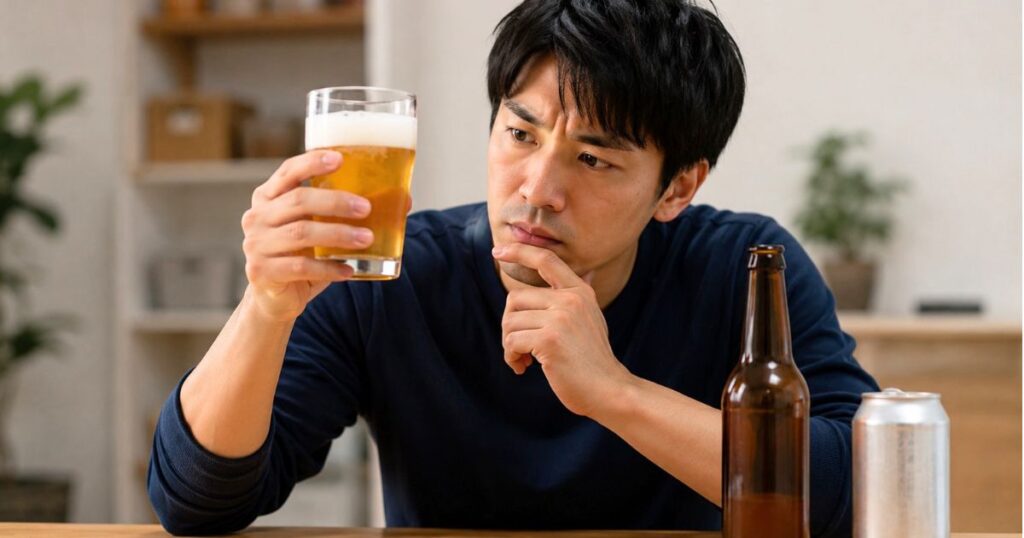 賞味期限切れ1年のビールをグラスに注いで状態確認する日本人男性