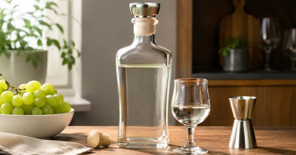 ピスコポルトンの保存方法をイメージした、木製テーブルに置かれた透明な蒸留酒ボトルとグラス、メジャーカップ、白ぶどうの静物写真