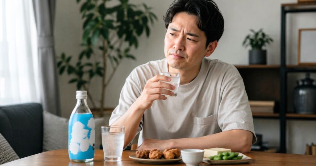ハイリキをグラスで飲み、味が好みに合うか考える男性と食卓のイメージ