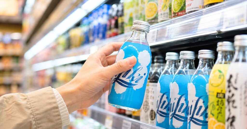スーパーの酒売り場でハイリキの瓶を手に取り、販売場所を確認するイメージ